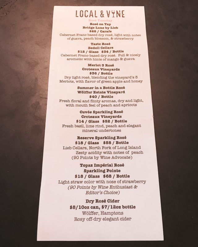 Local & Wine Rose Menu Wine Bar Soho New York